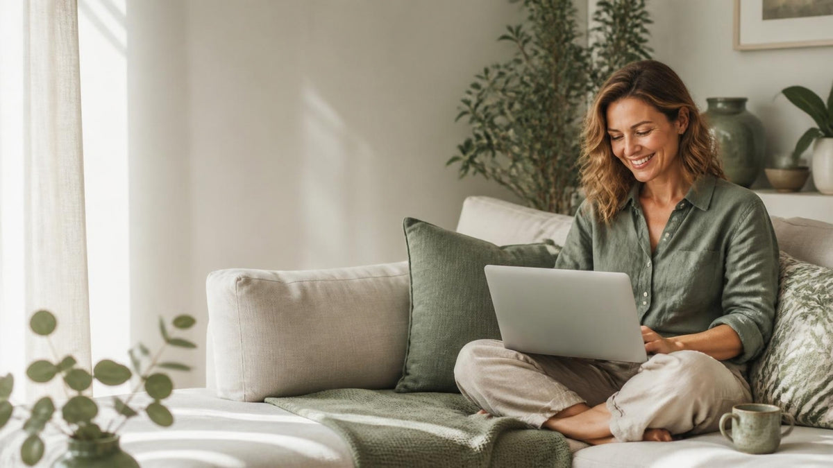 Woman relaxing on a sofa at home using a laptop