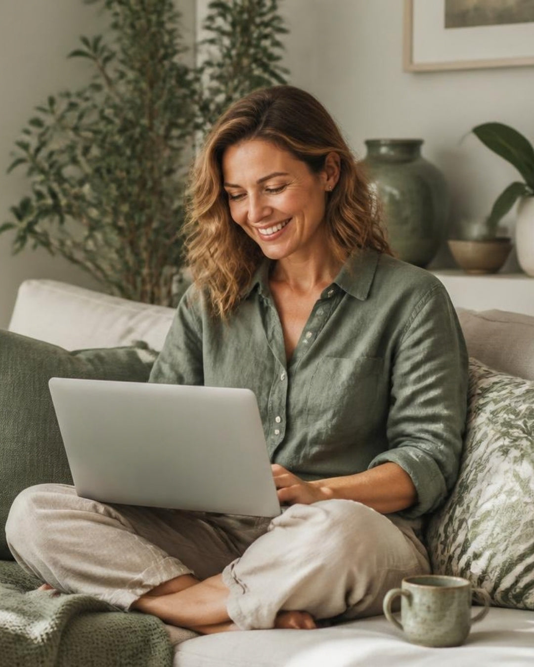 Woman relaxing on a sofa at home using a laptop